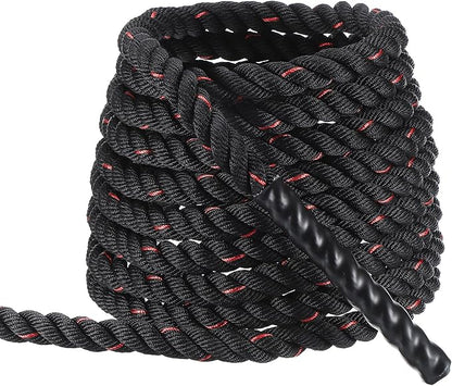 MECCANIXITY Battle Rope 30ft x 1 Inch Polyester Workout Rope Heavy Fitness Exercise Rope for Strength Training Home Gym Muscle Building, Black Red