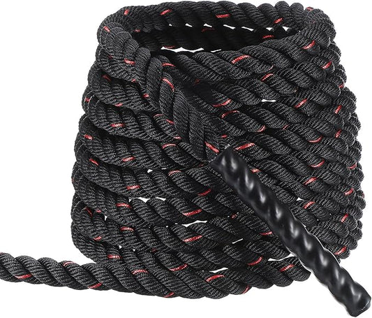 MECCANIXITY Battle Rope 30ft x 1 Inch Polyester Workout Rope Heavy Fitness Exercise Rope for Strength Training Home Gym Muscle Building, Black Red