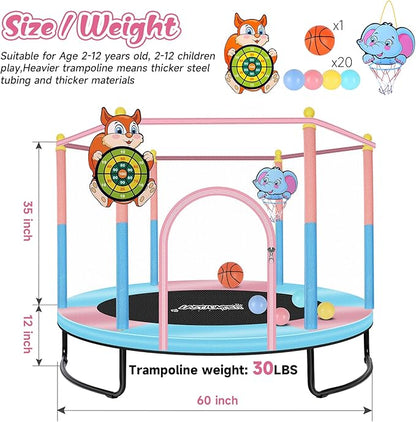 Pink Indoor Trampoline for Kids 2-5, 5ft Mini Indoor & Outdoor Small Toddler Trampoline with Net and Basketball Hoop