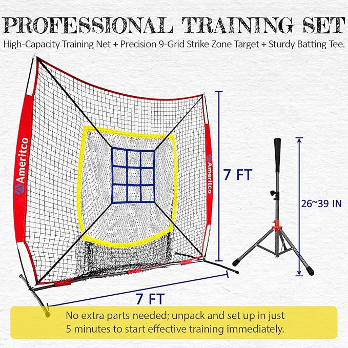 Baseball Net，7x7ft Baseball Practice Net with Tee and Target, Large Pocket Sports net for Hitting/Batting/Pitching/Throwing,Scratch Resistant Base,Indoor/Outdoor Versatile Use for All Levels
