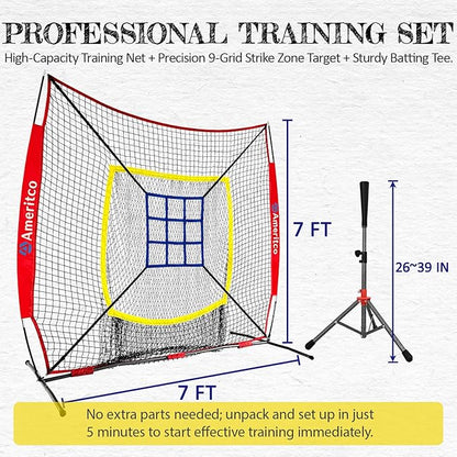 Baseball Net，7x7ft Baseball Practice Net with Tee and Target, Large Pocket Sports net for Hitting/Batting/Pitching/Throwing,Scratch Resistant Base,Indoor/Outdoor Versatile Use for All Levels