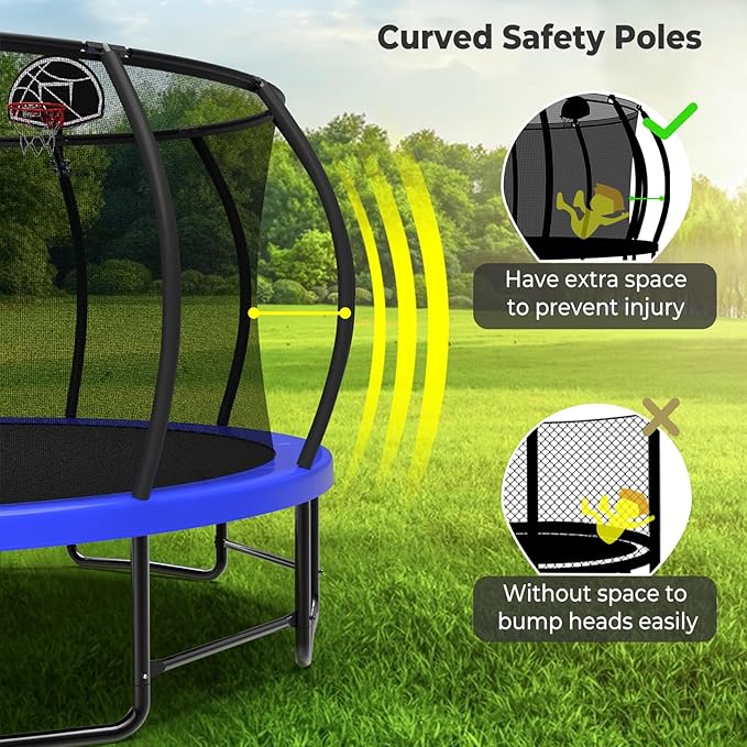 12 14 15 16FT Outdoor Trampolines for Kids and Adults, Pumpkin Trampolin with Curved Poles, Recreational Trampolin with Basketball Hoop and Safety Enclosure Net for Kids and Adults