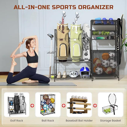 Garage Sports Equipment Organizer,3 Golf Bags Storage Stand,Heavy-Duty Ball Storage Rack with Basket and Hooks,Space-Saving Design for Toy Sports Gear Storage Indoor/Outdoor Use