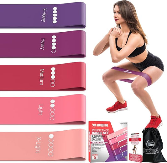 TechStone Resistance Bands Set for Men and Women, Pack of 5 Different Levels Elastic Band for Home Gym Long Exercise Workout – Great Fitness Equipment for Training, Yoga – Free Carrying Bag