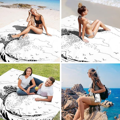 Beach Blanket, Large Sandproof & Waterproof Picnic Blankets, Quick Drying Sand Free Lightweight Beach Mat with 4 Stakes & Pockets for Outdoor Travel Camping Hiking Vacation Essentials - The Great Wave