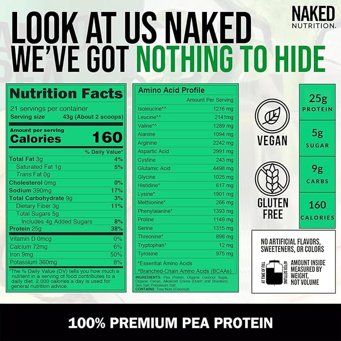NAKED Pea - Double Chocolate Protein from US & Canadian Farms, Organic Cocoa, Organic Coconut Sugar - No GMO, No Soy, and Gluten Free, Aid Growth and Recovery - 21 Servings