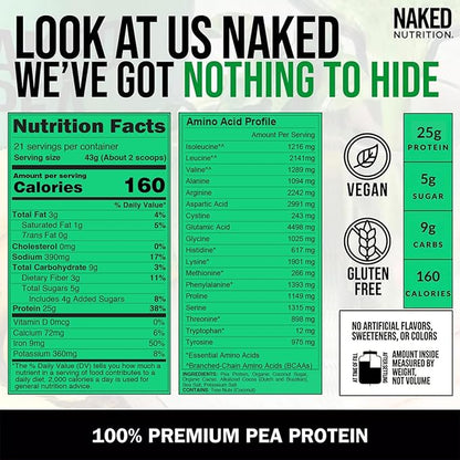 NAKED Pea - Double Chocolate Protein from US & Canadian Farms, Organic Cocoa, Organic Coconut Sugar - No GMO, No Soy, and Gluten Free, Aid Growth and Recovery - 21 Servings