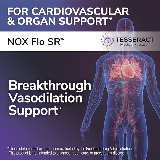 Tesseract NOX Flo SR Nitric Oxide Booster, Vascular Health Supplement, 120 Capsules, Sustained-Release L Citrulline, Coenzyme Q10 & R Lipoic Acid, Circulation & Blood Pressure Support, Hypoallergenic