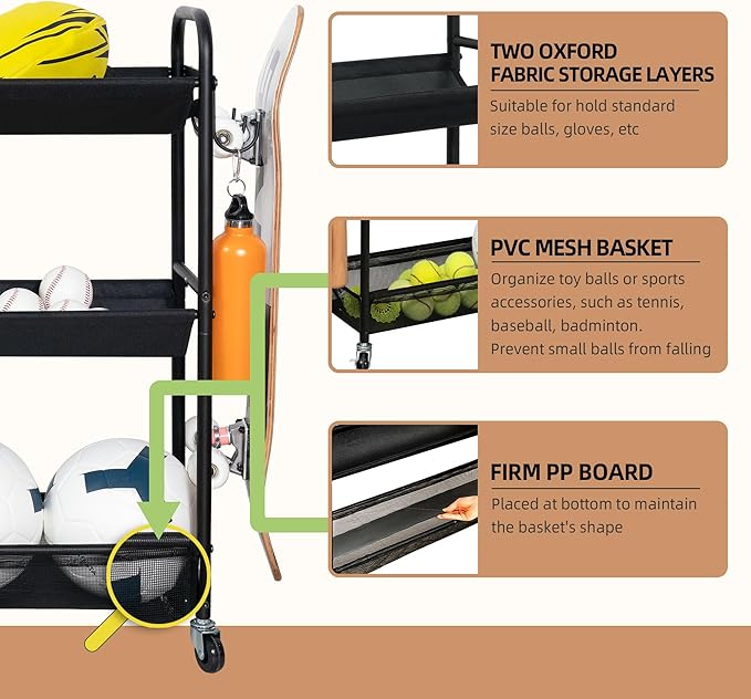 STORAGE MANIAC Basketball Rack 3-Shelf Training Stand Ball Holder Sports Ball Cart Garage Organizer Ball Basket Storage, Ball Rack for Garage or Gym, Indoor & Outdoor Sports Equipment Organizer