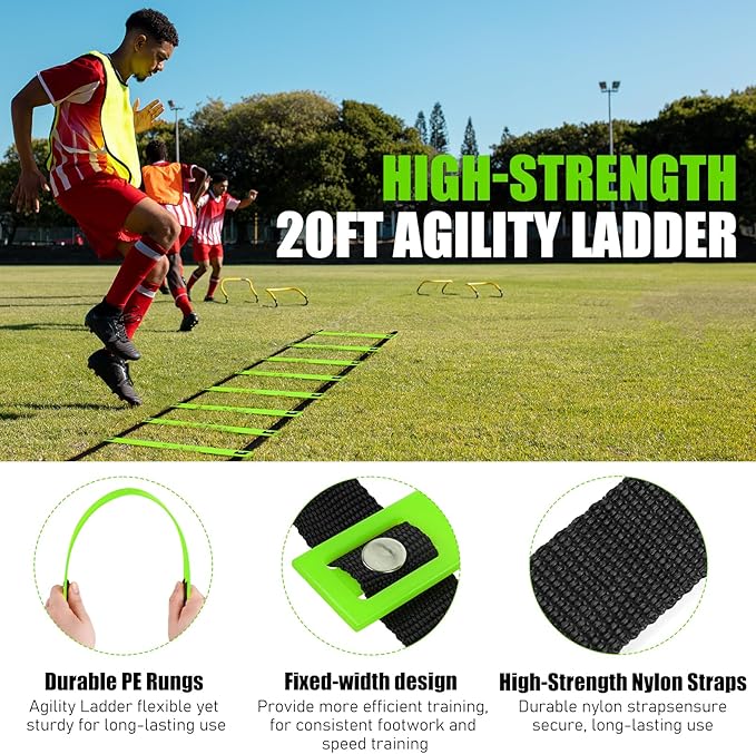 Soccer Training Equipment, Agility Speed Training Set with 20ft Speed Ladder, 12 Cones, 4 Adjustable Hurdles, Jump Rope, Parachute | Ideal for Basketball, Football Practise, for Kids, Youth, Adults