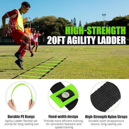 Soccer Training Equipment, Agility Speed Training Set with 20ft Speed Ladder, 12 Cones, 4 Adjustable Hurdles, Jump Rope, Parachute | Ideal for Basketball, Football Practise, for Kids, Youth, Adults