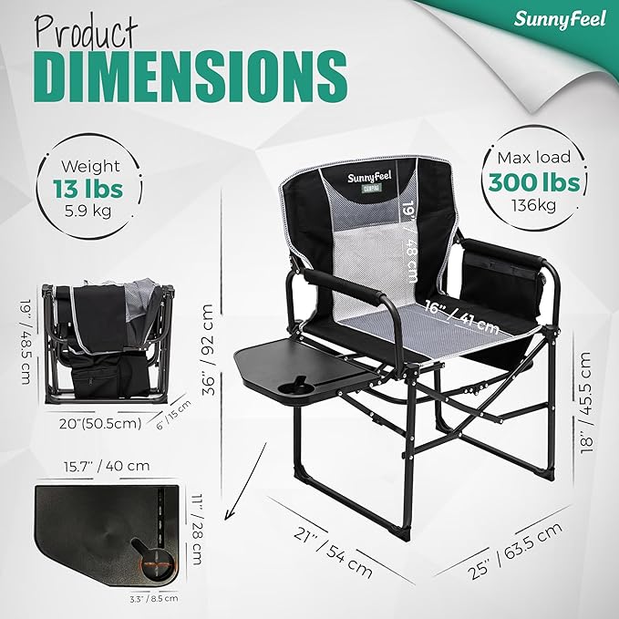 SUNNYFEEL Oversized Camping Directors Chair 2 Pack, Portable Folding Lawn Chairs for Adults Heavy Duty with Side Table,Pocket for Beach, Fishing,Picnic,Concert Outdoor, Foldable Camp Chairs