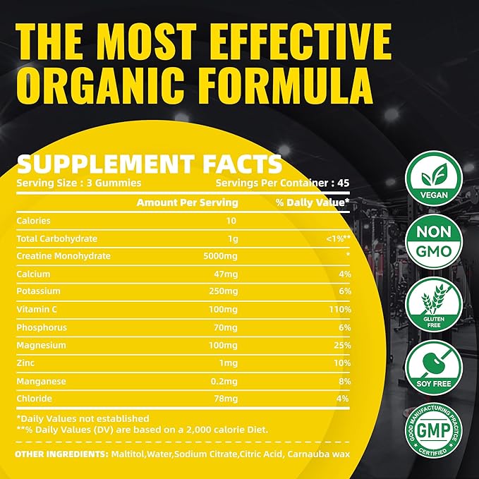 Creatine Monohydrate Gummies (5g) – Pre-Workout Energy & Muscle Growth Support for Men & Women | Orange Electrolyte Gummies (135 Count)