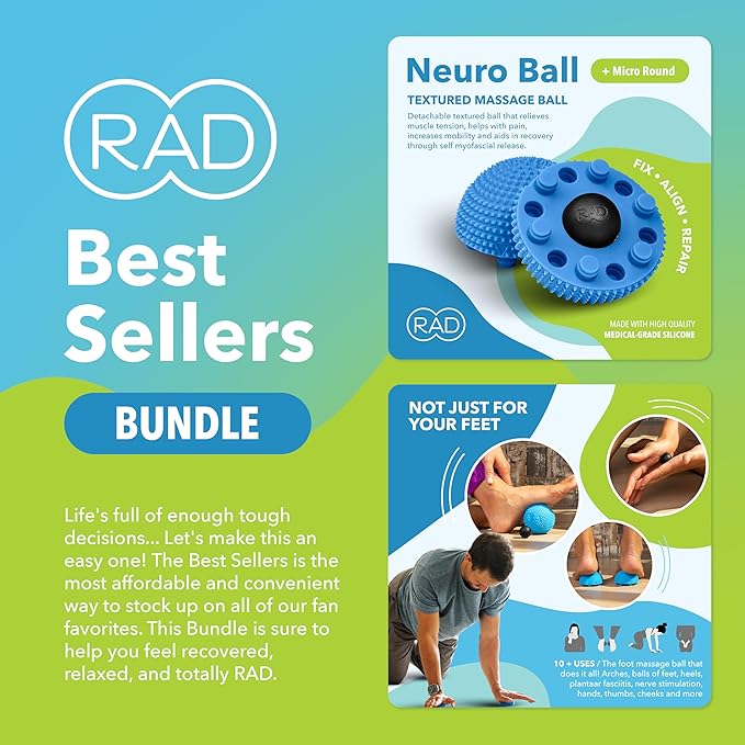 RAD All-in Complete Myofascial Release and Muscle Recovery Set - Includes Exercise Foam Rollers, Multi-Use Yoga Block, Peanut & Massage Balls, Neuro Ball Foot Roller, and Massage Stick