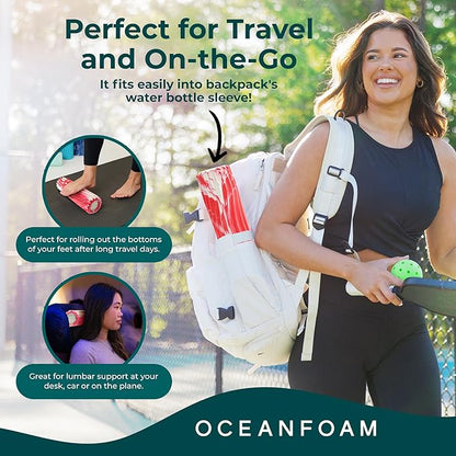 Oceanfoam Ripple Travel Foam Roller (11" x 3.35") Firm Mini Foam Roller for Physical Therapy, Deep Tissue Massage, Back Pain - High Density, Ergonomic Wave Textured - Yoga, Exercise (Red Marbled)