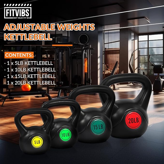 Fitvids Wide Grip 3-Piece or 4-Piece Kettlebell Exercise Fitness Weight Set, Include 5 lbs, 10 lbs, 15 lbs and 20 lbs, Set of 3 or Set of 4
