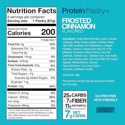 Legendary Foods 22g Protein Pastry+ Cinnamon Low Carb Meal Replacement Bar - Low Glycemic, Gluten Free Protien Snacks - Healthy Keto Snack Box, 8x Zero Sugar Energy Bars - Bariatric Diabetic Friendly