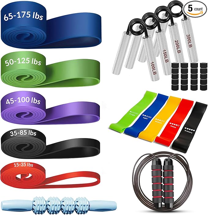 Heavy Duty Fitness Set - 5 Resistance Bands (Max 520 lbs Combined), 4 Hand Grippers (300 lbs), Mini Bands (Low to Very High), Foam Roller, Jump Rope - Ultimate All-in-One Workout Kit