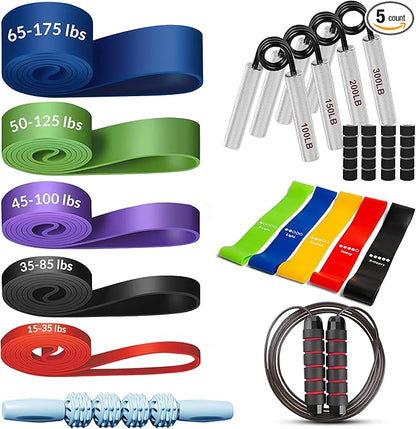 Heavy Duty Fitness Set - 5 Resistance Bands (Max 520 lbs Combined), 4 Hand Grippers (300 lbs), Mini Bands (Low to Very High), Foam Roller, Jump Rope - Ultimate All-in-One Workout Kit