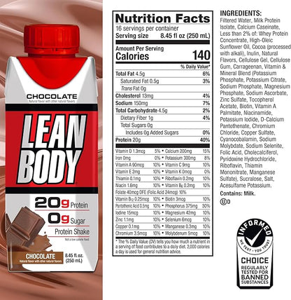 LABRADA NUTRITION - Lean Body RTD Whey Protein Shake, Convenient On-The-Go Meal Replacement Shake for Men & Women, 20 grams of Protein ??Zero Sugar, Lactose & Gluten Free, Chocolate (Pack of 16)