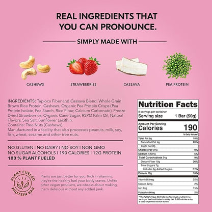 TRUBAR Vegan Protein Bar, Strawberry Shorty Got Cake, Gluten Free, Plant Based Protein, Dairy Free, Non GMO, Soy Free, No Sugar Alcohols, 12G Protein, 12G Fiber, 23G Carb, On the Go Snack Bars, 12 CT