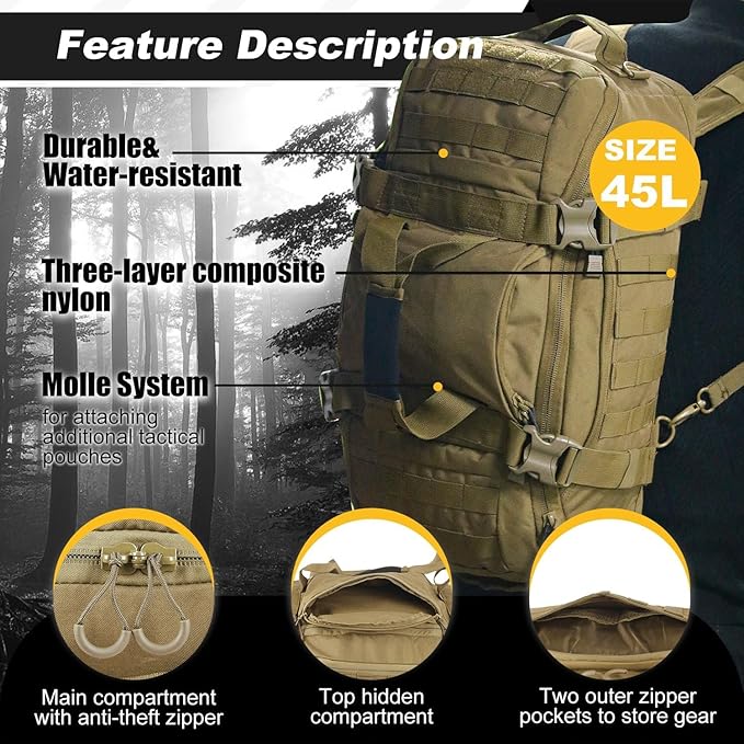 3 In 1 Tactical 45L Military Backpack Travel Duffle Bag for Weekender Gym Workout Deployment