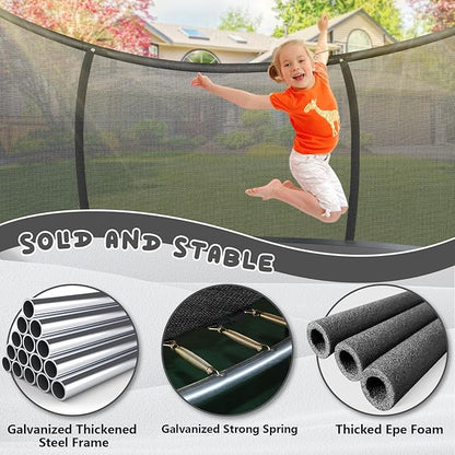 Trampoline 12FT 14FT 15FT 16FT for Kids/Adults - Outdoor Recreational with Enclosure Net Curved Poles and Ladder, Heavy Duty Anti-Rust Coating, ASTM Approval