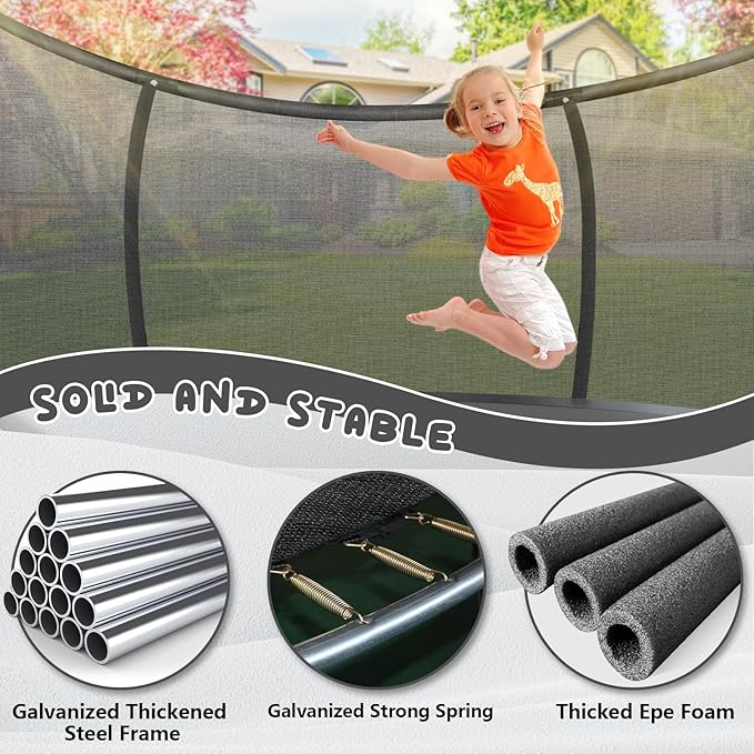 Trampoline 12FT 14FT 15FT 16FT for Kids/Adults - Outdoor Recreational with Enclosure Net Curved Poles and Ladder, Heavy Duty Anti-Rust Coating, ASTM Approval