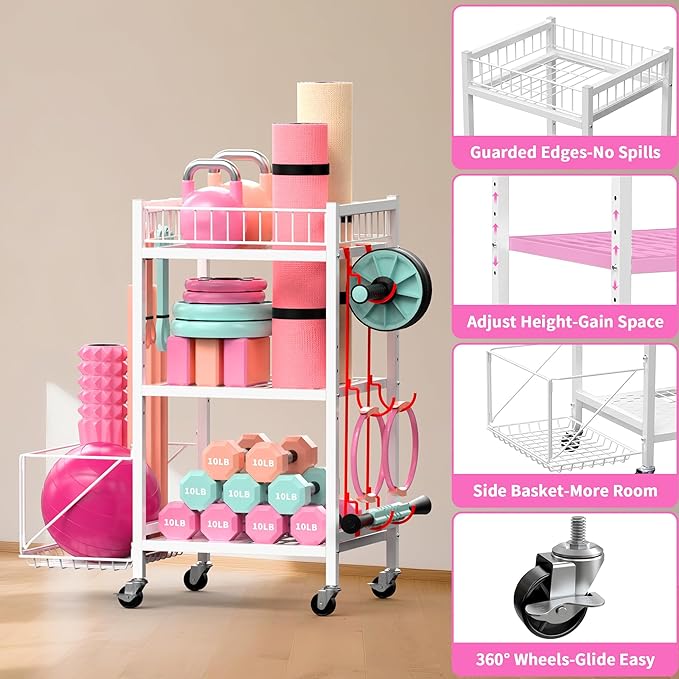 3-Tier Home Gym Storage Rack, Adjustable Yoga Mat Storage Rack, 250LBS Metal Workout Equipment Storage Cart with Large Basket & Lockable Wheels for Mats, Bands, Foam Rollers, Yoga Block (Rack Only)