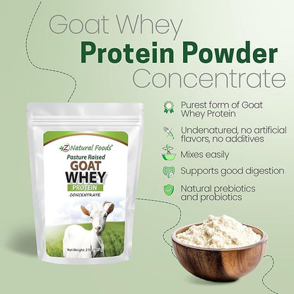 Z Natural Foods Goat Whey Protein Powder Concentrate - Undenatured, Unflavored, Pasture Raised Whey - Clean Goat Protein Powder with Vital Proteins for Weight Management, Immune Support, Fitness, 2 lb