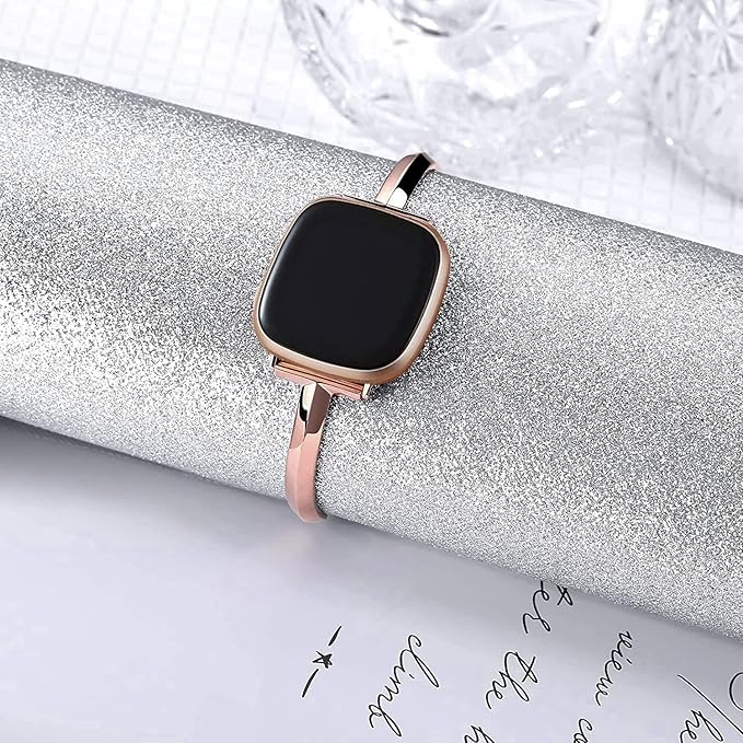Silm Band Compatible with Fitbit Versa 4/Fitbit Sense 2 Band Cute Women, Bling Jewelry Metal Strap Replacement Compatible for Fitbit Sense/Versa 3 Women (Rose Gold)