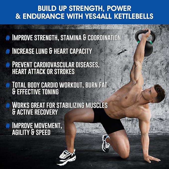 Yes4All Kettlebell, Heavy Duty Powder Coated Cast Iron Kettlebells, Non-Slip Handle & Flat Bottom for Conditioning, Strength Training & Full Body Exercises at Home Gym - Single & Pair