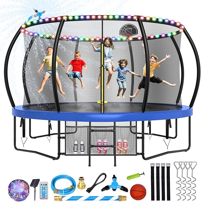 12 14 15 16FT Trampoline Outdoor with Basketball Hoop, Trampoline with Lights for Kids and Adults, Recreational Trampolin with Sprinkler, Stakes