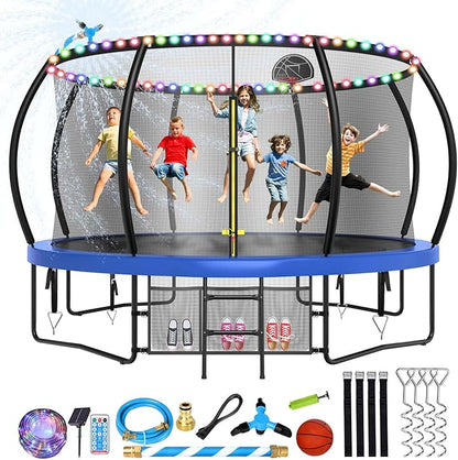 12 14 15 16FT Trampoline Outdoor with Basketball Hoop, Trampoline with Lights for Kids and Adults, Recreational Trampolin with Sprinkler, Stakes