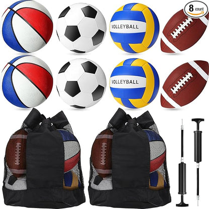 8 Pcs Sports Balls Set Include Basketball Football Soccer Volleyball with 2 Sport Equipment Bags 2 Pumps for Teens Youth Adult Outdoor Operation Christmas Ball Gifts