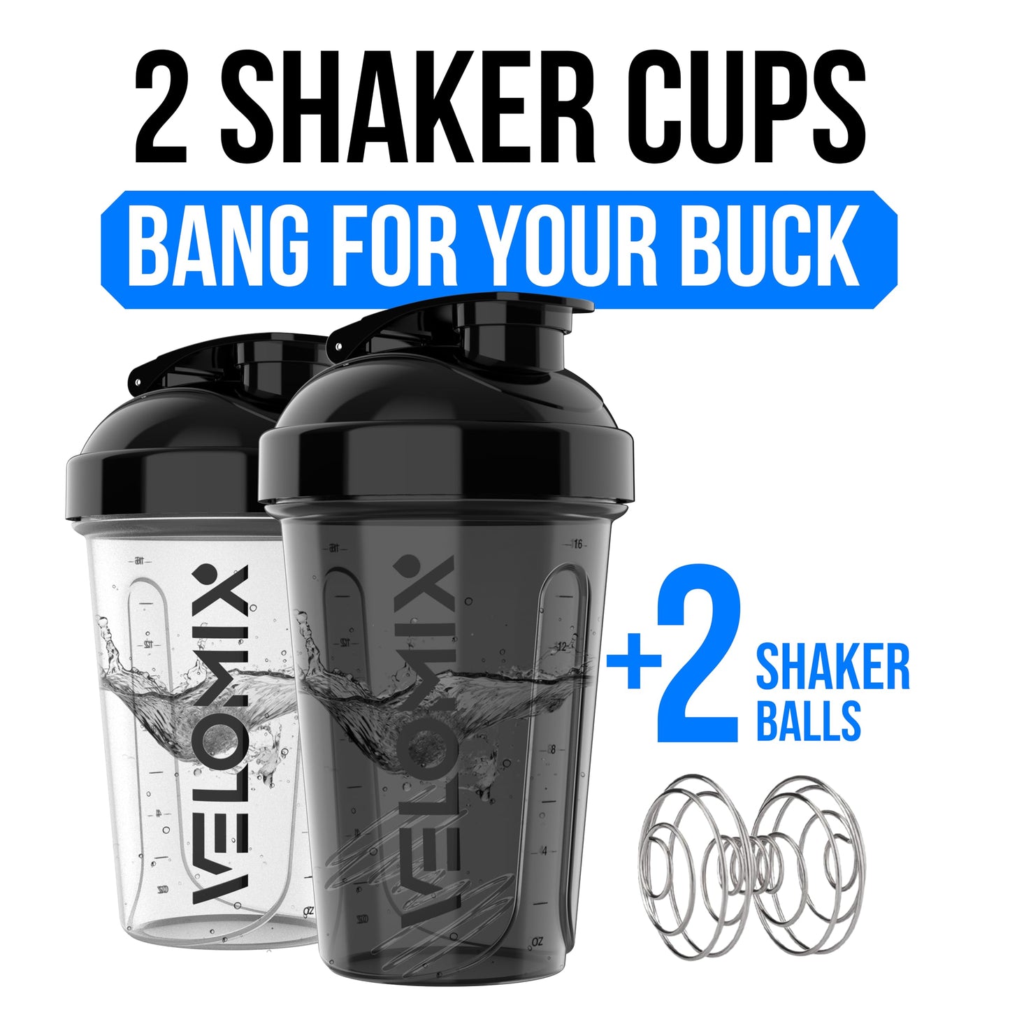 VELOMIX 2 Pack 20oz Protein Shaker Bottle for Protein Mixes, Black/Transpar