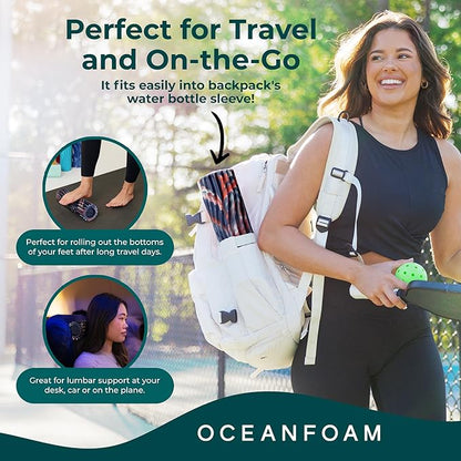 Oceanfoam Ripple Travel Foam Roller (11" x 3.35") Firm Mini Foam Roller for Physical Therapy, Deep Tissue Massage, Back Pain - High Density, Wave Textured - Yoga (Red, Dark Navy & Natural Marbled)