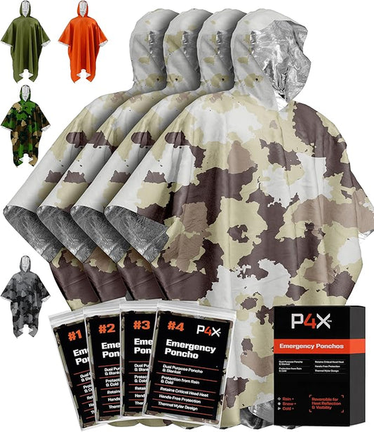 PREPARED4X Emergency Poncho and Mylar Blanket Liner - Waterproof, Wind-Resistant Outdoor Rain