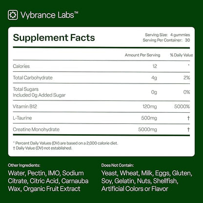 Creatine Gummies 5g – Sugar-Free Creatine Monohydrate + Taurine & B12 | Vegan, Gluten-Free | Green Apple Flavor | 120 Gummies for Strength, Energy & Focus for Women & Men