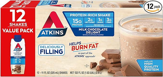 Atkins Milk Chocolate Delight High Protein Shake, 15g Protein, Low Glycemic , 2g Net Carb, 1g
