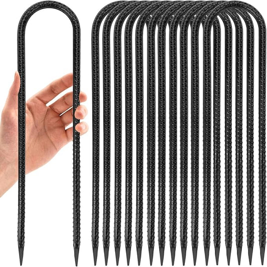 12 in 12 Pack Trampoline Stakes, U Shaped Trampoline Anchors High Wind Heavy Duty, Trampoline Anchor Kit, Steel Stakes for Trampolines, Outdoor Canopies, Camping Tents, Football Goal, Black
