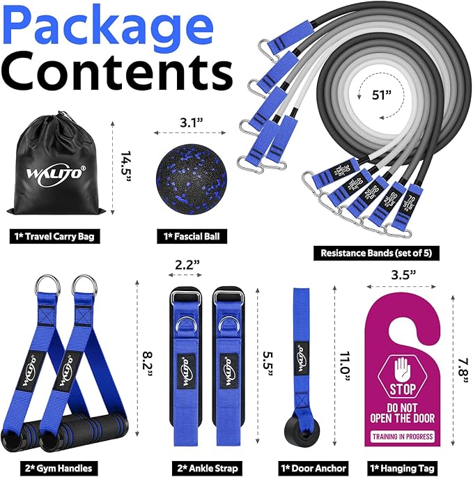 WALITO Resistance Bands Set - Exercise Bands with Handles, Door Anchor, Legs Ankle Straps, for Heavy Resistance Training, Physical Therapy, Muscle Training, Yoga, Home Workouts, Gym Equipment