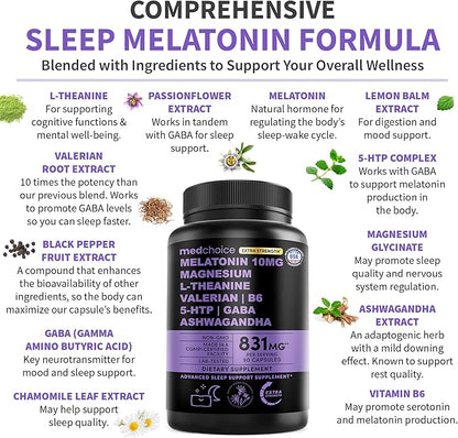 12-in-1 Melatonin Sleep Capsules - 10mg Melatonin Extra Strength with Magnesium and Balanced Blend of Ashwagandha, GABA, Chamomile Extract, L-Theanine & Valerian Root 10:1 Extract (90ct)
