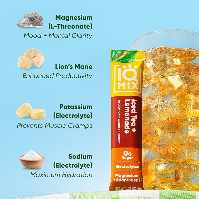 IQMIX Hydration Electrolyte Powder – 4-in-1 Formula for Hydration, Mental Clarity, Mood and Recovery – Sugar-Free Drink Mix, Keto, Magnesium L-Threonate, Lion’s Mane – 20 Count New Iced Tea Lemonade