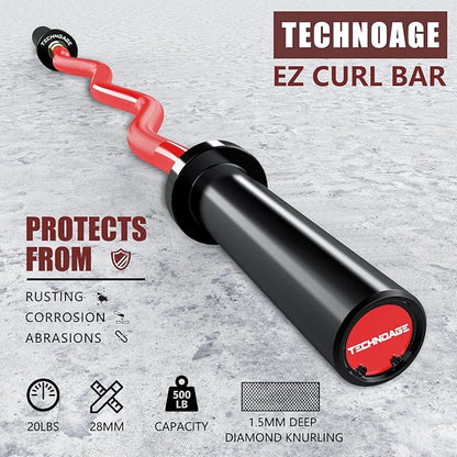TECHNOAGE Olympic EZ Curl Bar, 47" Curl Bar(350/500LBS Capacity) 20LB, Solid Steel, Chrome Finish Barbell with Copper Sleeve and Bearing for 2-inch Plates, for Weight Lifting,Hip Thrusts,Squat,Biceps-Home Gym Weight Bar