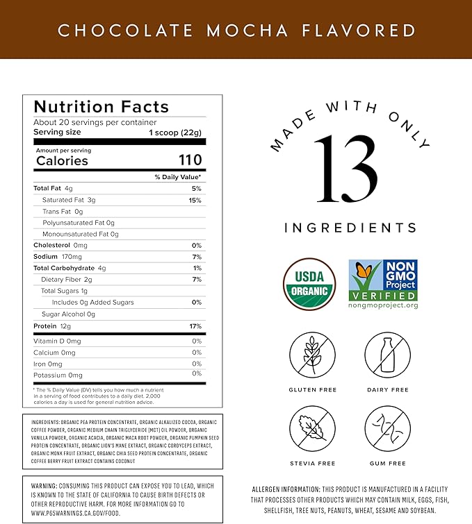 Truvani Protein + Energy Drink Mix with 87mg Caffeine | Chocolate Mocha | 12g Organic Plant Based Protein | 20 Servings | USDA Organic Coffee Powder & Adaptogens | Gluten & Dairy Free | Vegan