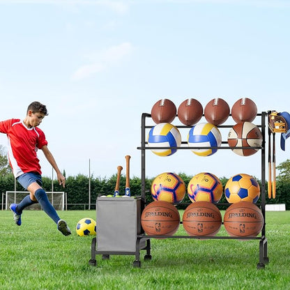 Ball Storage Rack, Adjustable Basketball Holder Display Stand with Ball Basket Bin Hooks, Outdoor Ball Cart with Wheels for Soccer Football Tennis Baseball, Sport Equipment Organizer for Garage Gym