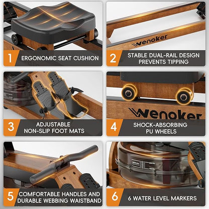Water Rowing Machine for Home Use, WENOKER Wooden Foldable Rower Machine with Adjustable Monitor & Bluetooth APP, Large Water Tank & Comfortable Seat for Immersive Water Rower, 350LBS Weight Capacity