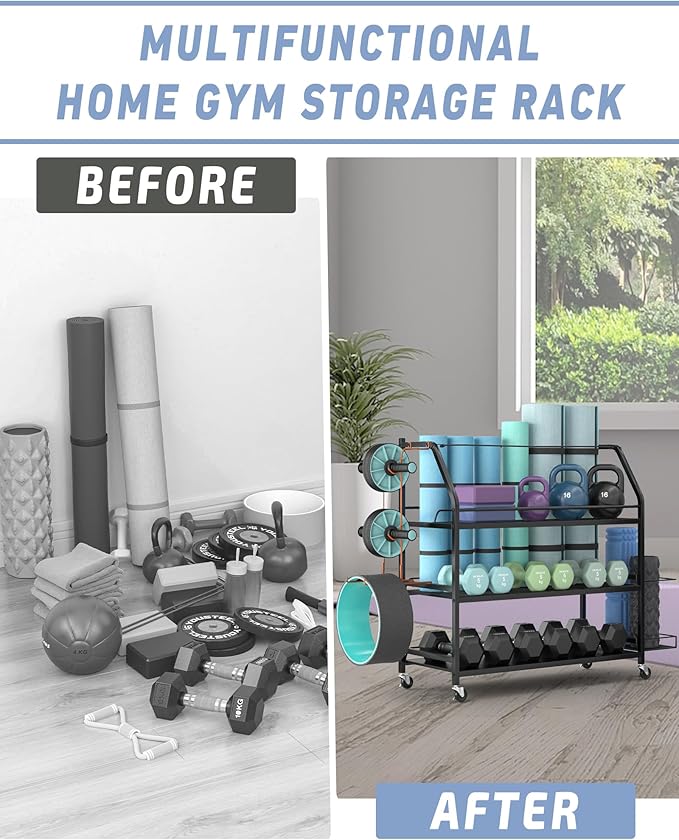 Weight Rack for Dumbbells - Home Gym Storage Rack - Dumbbell and Weight Organizer with 4 Flexible Wheels and Unique Storage on Both Sides