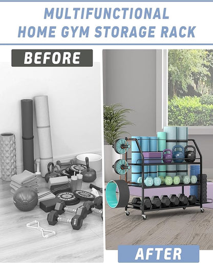 Weight Rack for Dumbbells - Home Gym Storage Rack - Dumbbell and Weight Organizer with 4 Flexible Wheels and Unique Storage on Both Sides